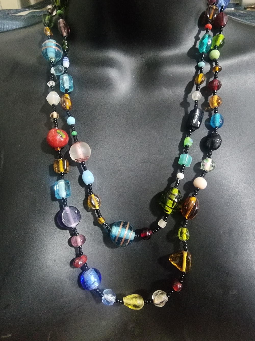 Vintage Jewelry Artisan Lamp work Multicolor Glass Bead Layered Necklace Long